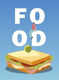 دانلود وکتور ساندویچ با حروف زیتون و مرد روی غذا