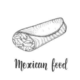 دانلود وکتور غذای مکزیکی بوریتو تک رنگ به سبک طراحی جدا شده بر روی تصویر وکتور حروف دست ساز سفید برای طراحی منو