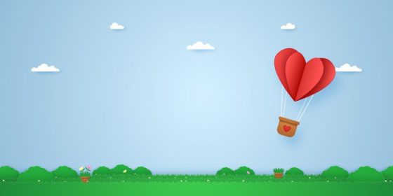 دانلود وکتور قلب قرمز تا شده بالون هوای داغ پرواز بر فراز چمن سبک هنری کاغذی