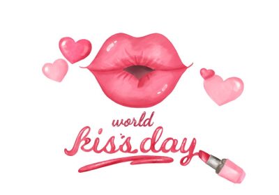 دانلود وکتور تصویر آبرنگ قلب های صورتی و نقل قول برای استفاده در روز جهانی بوسه