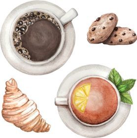 دانلود وکتور مجموعه آبرنگ با کوکی های چای و قهوه با دست کشیده شده
