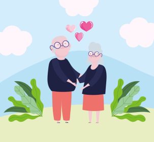 دانلود وکتور زوج پدربزرگ و مادربزرگ ناز با قلب و روبان عاشقانه طرح کارتون عاشقانه وکتور