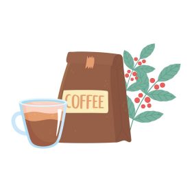 دانلود وکتور روز جهانی بسته بندی قهوه فنجان و شاخه ها با تصویر وکتور دانه