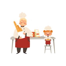 دانلود وکتور آشپزی بچه ها لباس آشپز درست کردن غذا با آشپز بزرگسال مرد