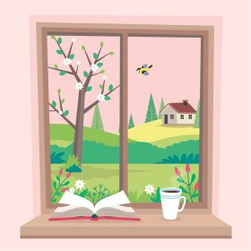 دانلود وکتور پنجره بهار با نمای کتاب و یک فنجان قهوه روی طاقچه، تصویر دنج زیبا به سبک تخت
