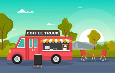 دانلود وکتور کامیون غذای قهوه در خیابان