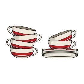 دانلود وکتور لیوان چای یا قهوه سرامیکی سفید با بشقاب و نوار قرمز
