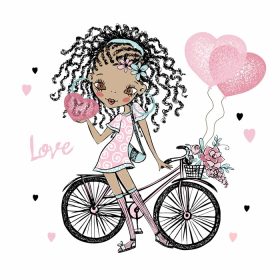 دانلود وکتور دختر نوجوان شیک پوش بامزه با دم با دوچرخه و وکتور کارت ولنتاین قلب با بادکنک