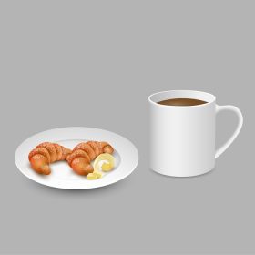 دانلود وکتور مجموعه واقعی با فنجان قهوه کروسانت سفید روی بشقاب با کره