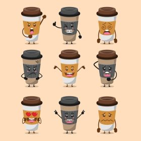 دانلود وکتور ست فنجان قهوه شخصیت کارتونی زیبا