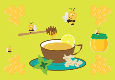 دانلود مجموعه وکتور عناصر چای زنجبیل زنجبیل فنجان چای تکه لیمو عسل برگ نعنا و سایر نمادهای تزئینی
