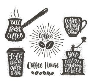 دانلود وکتور حروف قهوه در قابلمه آسیاب فنجانی جملات خوشنویسی مدرن در مورد اشیاء قهوه قدیمی مجموعه با عبارات دست نویس