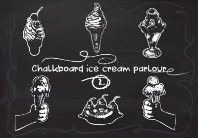 دانلود وکتور ست بستنی با دست کشیده روی پس زمینه وکتور تخته سیاه برای برچسب پوستر کارت تبریک وب سند و سایر سطوح تزئینی