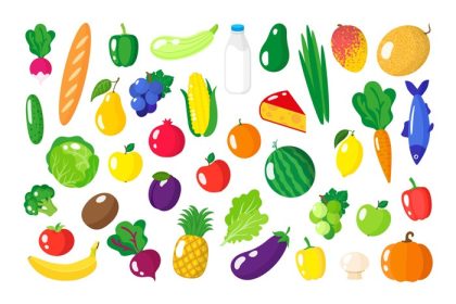 دانلود وکتور وکتور مجموعه کارتونی سبزیجات و میوه های تازه و سالم غذای ارگانیک جدا شده در پس زمینه سفید