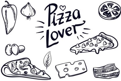 دانلود مجموعه وکتور وکتور پیتزای وینتیج شامل تایپوگرافی عاشق پیتزا زیتون بیکن تکه پیتزا با قلب پنیر ورقه ای گوجه فرنگی سیر و غیره