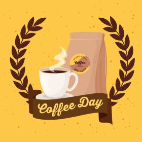 دانلود وکتور پوستر روز بین المللی قهوه با فنجان و کیسه قهوه