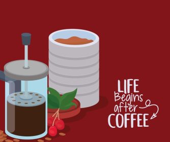 دانلود وکتور زندگی پس از قهوه شروع می شود با حروف پرس فرانسوی طرح وکتور دانه های توت و برگ جار