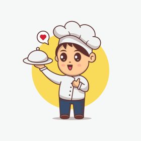 دانلود وکتور ناز سرآشپز پسر در حال سرو غذا تصویر شخصیت کارتونی کاوایی