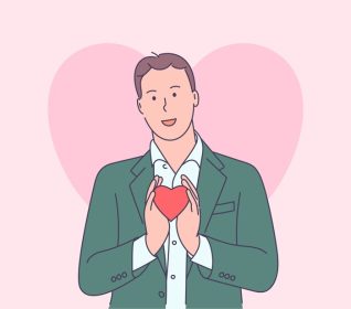 دانلود وکتور داستان عشق یا مفهوم روز ولنتاین مرد خوش تیپ بامزه با ژاکت و پیراهن سفید که شکل قلب بزرگ قرمز را در دست دارد