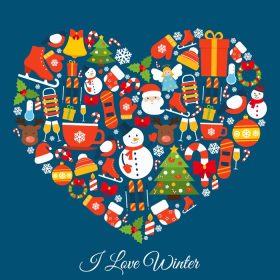 دانلود وکتور مفهوم زمستان عشق با عناصر تزئینی سال نو و کریسمس در تصویر وکتور شکل قلب