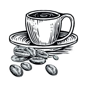 دانلود وکتور فنجان قهوه با دانه های قهوه به سبک حکاکی جدا شده در پس زمینه سفید
