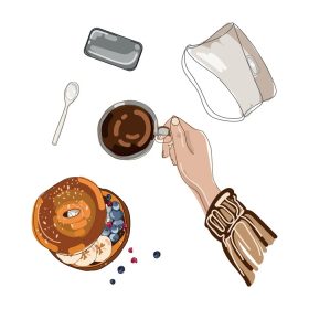 دانلود وکتور ساندویچ شیرینی و دست زن با نمای بالای قهوه