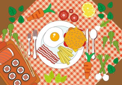 دانلود وکتور وکتور رنگارنگ طرح شام رایگان با همبرگر بیکن تخم مرغ طراحی شده برای برچسب پوستر کارت تبریک وب سند و سایر سطوح تزئینی