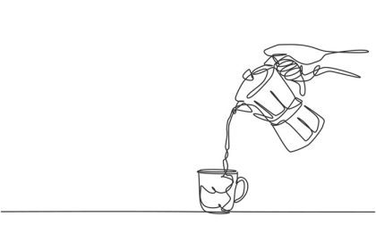 دانلود وکتور نقاشی تک خطی باریستای جوان شاد در حال ریختن داغ