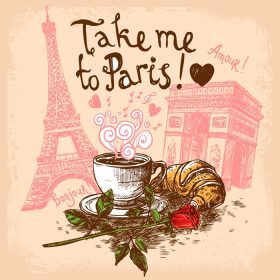 دانلود وکتور برج ایفل کروسانت با فنجان قهوه و تصویر برداری مفهومی طاق نصرت مرا به پاریس ببر