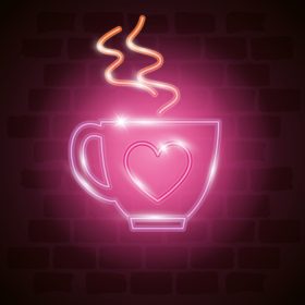 دانلود وکتور فنجان قهوه در نور نئون روز ولنتاین