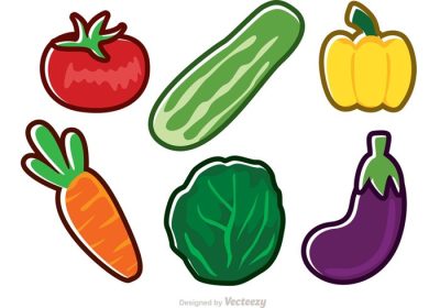 دانلود مجموعه وکتور آیکون های وکتور سبزیجات تازه در پس زمینه سفید شامل خیار فلفل گوجه فرنگی کلم هویج و بادمجان