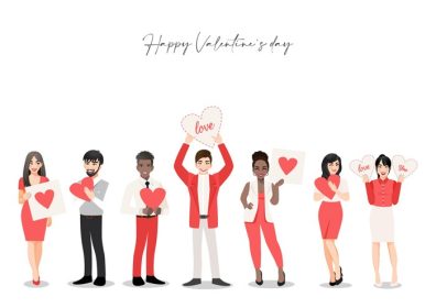 دانلود وکتور شخصیت کارتونی با گروه افراد در دست داشتن قلب های جشن عشق و روز ولنتاین جشن وکتور داوطلبانه