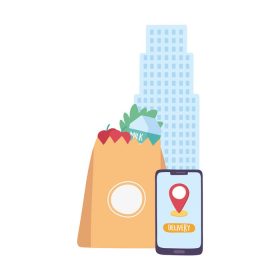 دانلود وکتور کووید ویروس کرونا کیسه سوپرمارکت گوشی هوشمند خدمات تحویل همه گیر کرونا با تصویر برداری غذا