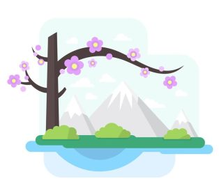 دانلود وکتور منظره با کوه در بهار با درخت گلدار