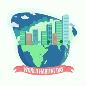 دانلود وکتور طرح وکتور روز جهانی زیستگاه با نیم کره و شهر در بالا