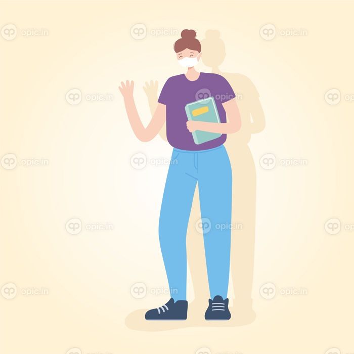 دانلود وکتور افراد با ماسک صورت پزشکی زن با کتاب مطالعه فعالیت های شهر در حین تصویر برداری ویروس کرونا