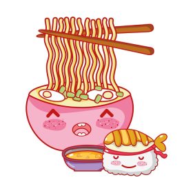 دانلود وکتور سوشی کاوائی سوشی رامن سوپ و سس غذای کارتون ژاپنی تصویر وکتور سوشی و رول