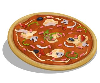 دانلود وکتور تصویر کارتونی اشتها آور آیکون پیتزا ایتالیایی با گوجه فرنگی برش پیاز قارچ پنیر خامه لبنی و تکه های خوک برای رستوران های فست فود و غذاخوری
