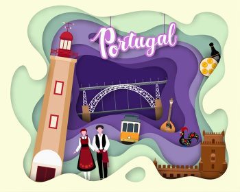 دانلود وکتور طرح برش کاغذی مفهوم سفر توریستی پرتغال جهانگردی