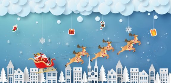 دانلود وکتور اوریگامی هنر کاغذی بابا نوئل و گوزن شمالی در حال پرواز در آسمان با هدایای آویزان کریسمس و سال نو مبارک