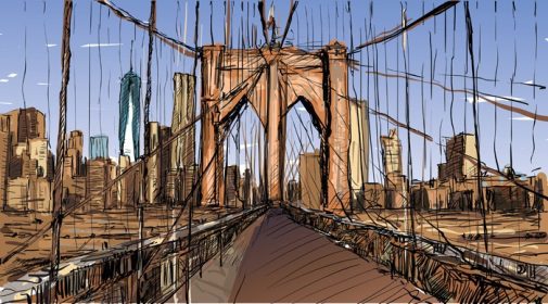 دانلود وکتور طرح رنگی طراحی شده با دست از پل بروکلین شهر نیویورک، تصویر برداری منظره شهری