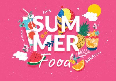 دانلود وکتور طرح تصویری غذای تابستانی با نوشته در وسط و غذا در اطراف آن