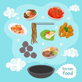 دانلود وکتور پوستر غذای کره ای با انواع غذاهای مختلف رستوران در پس زمینه آبی