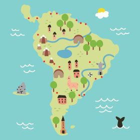 دانلود وکتور نقشه فوق العاده رنگارنگ و زیبای آمریکای جنوبی با عناصر مختلف مربوط به قاره
