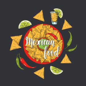 دانلود وکتور غذای مکزیکی نقاشی شده با دست رنگی ناچوس فلفل چیلی آهک jalapenos تکیلا به سبک طرحی تصویر حروف دست ساز برای طراحی منو