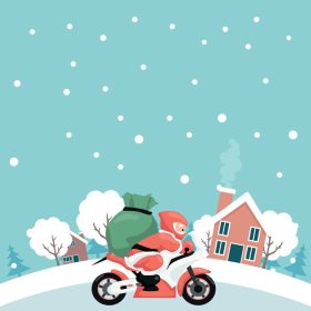 دانلود وکتور موتور سیکلت کارت تقدیم کریسمس مبارک در شهر برفی