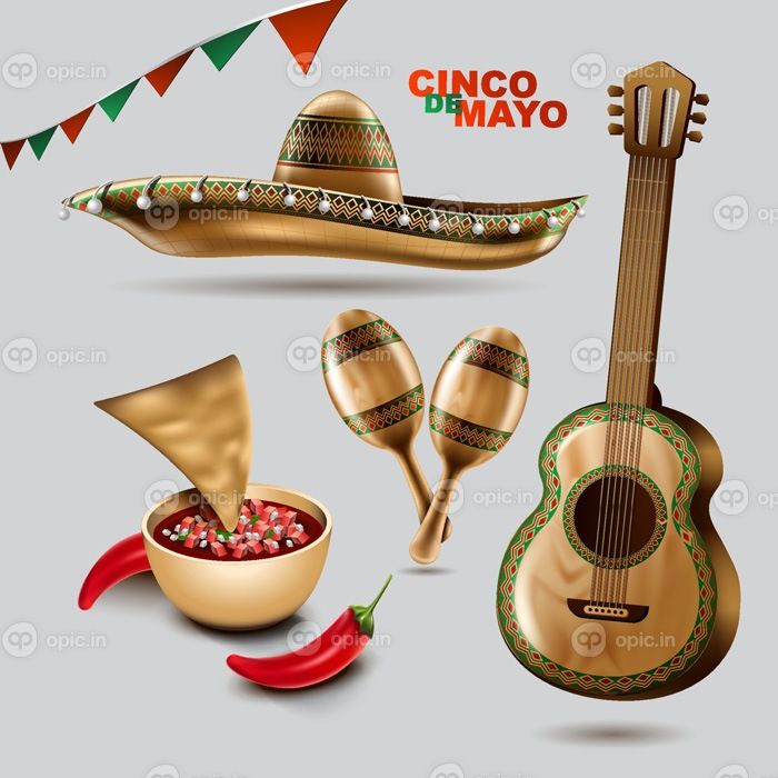 دانلود وکتور cinco de mayo مکزیکی تعطیلات سومبررو کلاه ماراکا و تاکو و غذای جشن با تصویر وکتور رنگ پرچم مکزیک