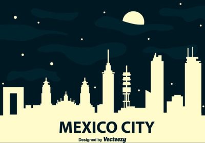 دانلود تصویر برداری از خط افق شهر مکزیک در شب با ابر آسمان و ماه