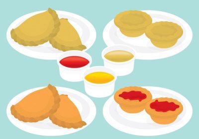دانلود وکتور برای پروژه های خود در مورد شیرینی نانوایی و غذاهای سنتی از این فایل وکتور با امپانادا و پای گوشت در سبک های رنگی مختلف سس استفاده کنید