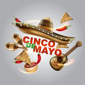دانلود وکتور cinco de mayo مکزیکی تعطیلات سومبررو کلاه ماراکا و تاکو و تصویر وکتور غذای جشن